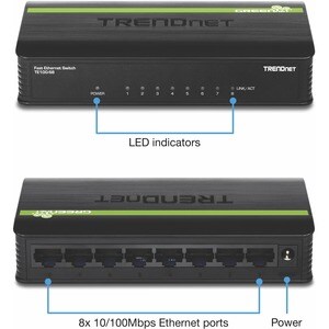 TRENDnet 8-Port Unmanaged 10/100 Mbps GREENnet Ethernet Desktop Switch; TE100-S8; 8 x 10/100 Mbps Ethernet Ports; 1.6 Gbps