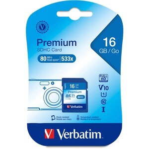 Verbatim 16GB Premium SDHC Memory Card, UHS-I Class 10 - Class 10 - 1 Card/1 Pack - 133x Memory Speed