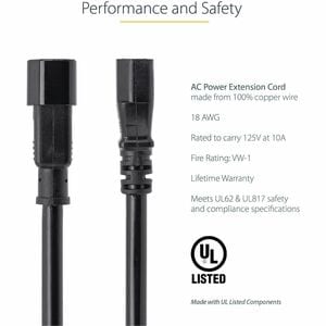 StarTech.com 6ft (1.8m) Power Extension Cord, C14 to C13, 10A 125V, 18AWG, Computer Power Cord Extension, Power Supply Ext