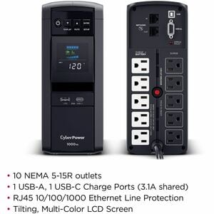 CyberPower CP1000PFCLCD UPS 1000VA 600W PFC compatible Pure sine wave - 1000VA/600WMini-tower 3Minute Full Load - 10 x NEM