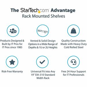 StarTech.com Étagère Rack Serveur 2U - Étagère Cantilever Universelle pour Armoire Rack Réseau 19" - Poids Max 20kg - Prof