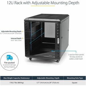 StarTech.com 4-Pfosten 12HE Server Rack, 19" Datenschrank für Computer / IT-Ausrüstung, Heimnetzwerk-Rack, Server-Rack mit