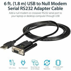StarTech.com 6ft (1.8m) 1-Port USB to Serial RS232 Adapter, FTDI DB9 Serial DCE Adapter Cable, Null Modem, USB 2.0 - TAA -