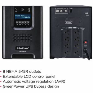 CyberPower PR1500LCD Smart App Sinewave UPS Systems - 1500VA/1500W, 120 VAC, NEMA 5-15P, Mini-Tower, Sine Wave, 8 Outlets,