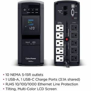 CyberPower CP1000PFCLCDTAA TAA Compliant UPS System - 1000VA/600W, 120 VAC, NEMA 5-15P, Mini-Tower, Sine Wave, 10 Outlets,