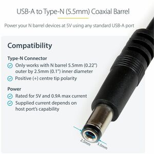StarTech.com 1m USB to Type N Barrel 5V DC Power Cable - USB A to 5.5mm DC - 1 Meter USB to 5.5mm DC Plug - USB / Barrel C