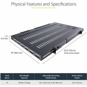 StarTech.com 1U 4-Post 19.5 to 38in Adjustable Mounting Depth Vented Rack Mount Shelf - Heavy Duty Fixed Rack Shelf - 330l