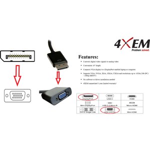 4XEM 9in DisplayPort To VGA M/F Adapter Cable - 1.18 ft DisplayPort/VGA Video Cable for Video Device, Monitor, Projector -