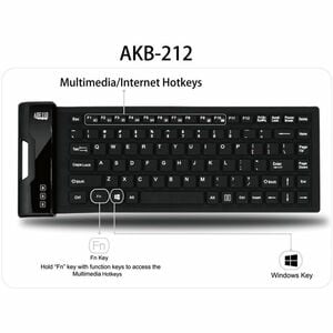 Adesso Antimicrobial Waterproof Flex Keyboard (Mini Size) - Cable Connectivity - USB Interface - 87 Key(s) - Media Player,