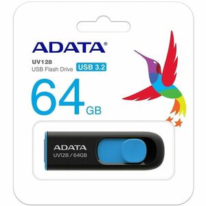 Adata DashDrive UV128 - 64 GB - USB 3.2 (Gen 1) - 100 MB/s Read Speed - Black, Blue - Lifetime Warranty