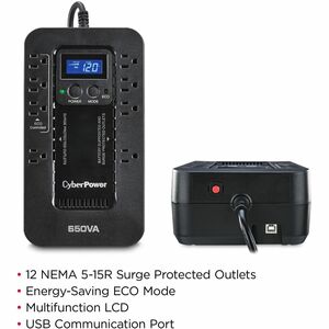 CyberPower EC650LCD Ecologic UPS Systems - 650VA/390W, 120 VAC, NEMA 5-15P, Compact, 8 Outlets, LCD, PowerPanel® Personal,