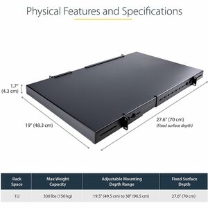 StarTech.com 1U 4-Post 19.5 to 38in Adjustable Mounting Depth Rack Mount Shelf - Heavy Duty Fixed Rack Shelf - 330 lb / 15