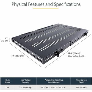 StarTech.com 1U 4-Post 19.5 to 38in Adjustable Mounting Depth Vented Rack Mount Shelf - Heavy Duty Fixed Rack Shelf - 330l