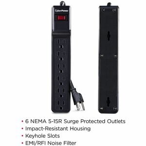 CyberPower CSB606 Essential 6-Outlets Surge Suppressor with 900 Joules and 6FT Cord - 6 x NEMA 5-15R - 900 J - 125 V AC Input