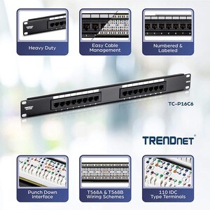 Network Pièce pour panneau TRENDnet TC-P16C6 - 16 Port(s) - 16 x RJ-45 - 19" Grand Angle/Champ de Vue Elargi