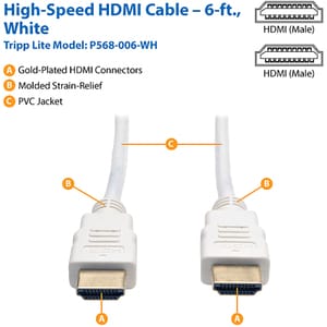 Eaton Tripp Lite Series High-Speed HDMI Cable (M/M) - 4K, Gripping Connectors, White, 6 ft. (1.8 m) - HDMI for Audio/Video