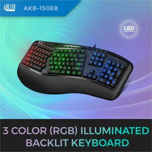 Adesso Color Illuminated Ergonomic Keyboard - Cable Connectivity - USB Interface - RGB LED - 105 Key(s) - 13 Hot Key(s) - 