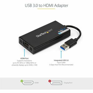 StarTech.com USB 3.0 to HDMI Adapter, 4K 30Hz, DisplayLink Certified, USB Type-A to HDMI Display Adapter Converter, Extern