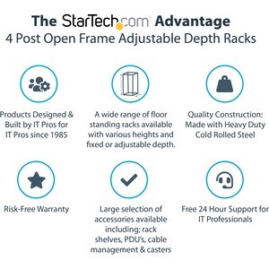 StarTech.com 12U Adjustable Depth Open Frame 4 Post Server Rack w/ Casters / Levelers and Cable Management Hooks - Steel, 