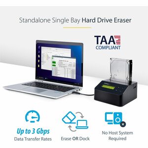 StarTech.com Single Bay SSD/HDD Hard Drive Eraser, 2.5"/3.5" , Standalone Wiper, Disk Sanitizer, Hardware Wiper Erasing To