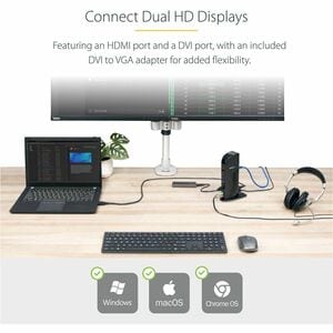 StarTech.com Dual Monitor USB 3.0 Laptop Docking Station with HDMI & DVI/VGA, 6x USB-A Hub, GbE, Audio, Universal Type-A D