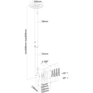 Supporto da soffitto Neomounts Neomounts Pro FPMA-C060BLACK per Flat Panel Display - Nero - Regolabile in altezza - 58,4 c