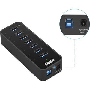 Anker USB 3.0 Hub 7*USB 3.0 Ports Vertical Black USB-A Hub A7505 - Anker USB 3.0 7-Port Hub with 1 BC 1.2 Charging Port up