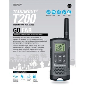 Motorola Talkabout T200 Two-way Radio - 22 Radio Channels - 22 GMRS/FRS - Upto 105600 ft - 121 Total Privacy Codes - Auto 
