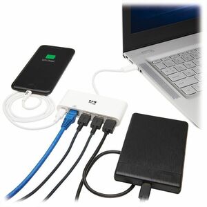 Eaton Tripp Lite Series 3-Port USB-C Hub - USB 3.x (5Gpbs) Hub Ports, Gigabit Ethernet, 60W PD Charging, White - USB 3.1 T