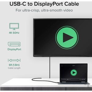 Plugable USB C to DisplayPort Adapter - 6ft (1.8m) Adapter Cable - (Supports Resolutions up to 4K at 60Hz), Driverless