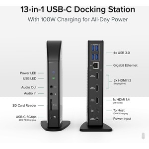 Plugable 13-in-1 USB-C Triple Monitor Docking Station with 100W Charging, Compatible with Windows, Mac, and Chrome with Th