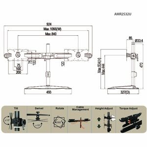 Amer Dual Monitor Mount Stand max 32" Monitor - Up to 32" Screen Support - 17.60 lb Load Capacity - Aluminum Alloy, Plasti