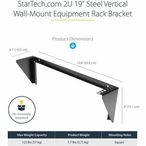 StarTech.com RK219WALLV. Typ: Wandmontiertes Regal, Rack-Kapazität: 2U, Höchstgewichtskapazität: 56,7 kg. Gewicht: 748,7 g