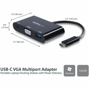 StarTech.com USB-C VGA Multiport Adapter - USB-A Port - with Power Delivery (USB PD) - USB C Adapter Converter - USB C Don