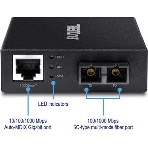 TRENDnet 1000Base-T to 1000Base-SX Multi-Mode SC Fiber Converter; Up to 550m (1800 ft.); 2 Gbps Switching Capacity; TFC-GM
