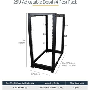 StarTech.com 4-Post 25U Mobile Open Frame Server Rack, 19in Network Rack with Casters, Rolling Rack for Computer/AV/Data/I