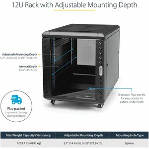 StarTech.com 12U Bodenstehend Rackschrank für Server, A/V-Geräte, KVM-Schalter, Patchfeld, LAN-Schalter - 482,60 mm Rack W