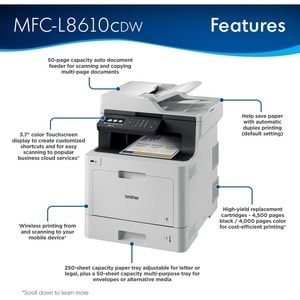 Brother MFC-L8610CDW Wireless Laser Multifunction Printer - Color - Copier/Fax/Printer/Scanner - 33 ppm Mono/33 ppm Color 