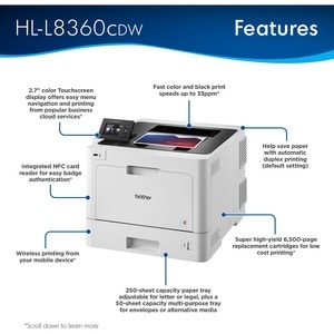 Brother Business Color Laser Printer HL-L8360CDW - Duplex - Color Laser Printer - 33 ppm Mono / 33 ppm Color - Ethernet - 