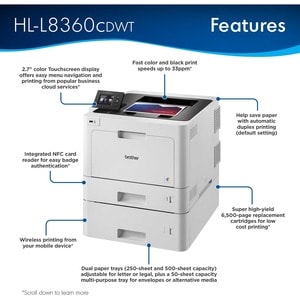 Brother Business Color Laser Printer HL-L8360CDWT - Wireless Networking - Dual Trays - Color Laser Printer - 33 ppm Mono /