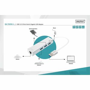 Digitus USB/Ethernet Combo Hub - USB Type A - Notebook, Printer, Flash Drive - 3 Total USB Port(s) - 3 USB 3.0 Port(s)1 Ne