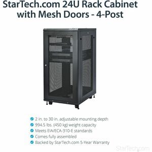 StarTech.com 24U 19" Server Rack Cabinet 4 Post Adjustable Depth 2-30" w/Casters/Cable Management/1U Shelf, Locking Doors 