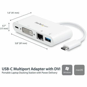 StarTech.com USB C Multiport Adapter - with Power Delivery (USB PD) - USB C to USB 3.0 / DVI / Gigabit Ethernet - USB-C Hu