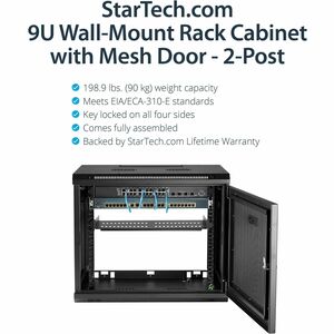 StarTech.com 2 Post 9U 19" Wall Mount Network Cabinet Adjustable 6-15"- Locking Vented IT Equipment/Switch Rack Enclosure 