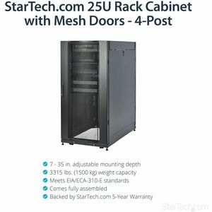 StarTech.com 25U Server Rack Cabinet - 4 Post Adjustable Depth 7-35" Locking Vented Mobile/Rolling Network/Data/IT Equipme