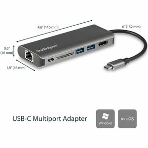 StarTech.com USB C Multiport Adapter - Portable USB Type-C Travel Dock - 4K HDMI, 2-pt USB Hub, SD, GbE, 60W PD Pass-Throu