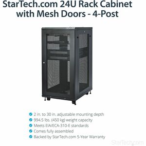 StarTech.com 4-Post 24U Server Rack Cabinet, 19" Data Rack Cabinet for Computer / IT Equipment, Home Network Rack, Half He