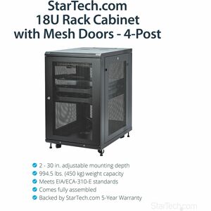 StarTech.com 4-Post 18U Server Rack Cabinet, 19" Data Rack Cabinet for Computer / IT Equipment, Home Network Rack, Half He
