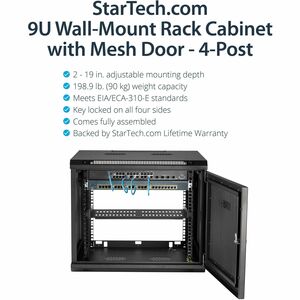 StarTech.com 9U Wandmontierbar Rackschrank für Server, LAN-Schalter, Patchfeld480,06 mm Rack Depth - Schwarz - Stahlgitter
