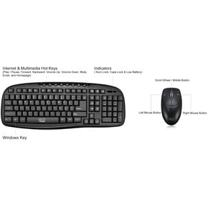 Adesso WKB-1330CB - 2.4 GHz Wireless Desktop Keyboard and Mouse Combo - USB Membrane Wireless RF 2.40 GHz Keyboard - 103 K